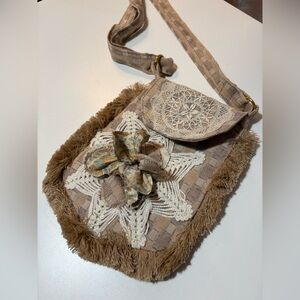Crossbody Small Fringe Antique Lace Boho Bag Inner Pocket Lined Adj Strap